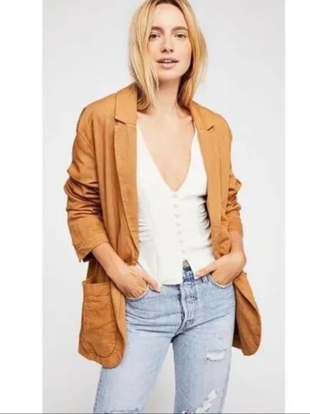 Free People Simply Perfect Blazer Neutral Chestnut Brown Linen Blend Womens L